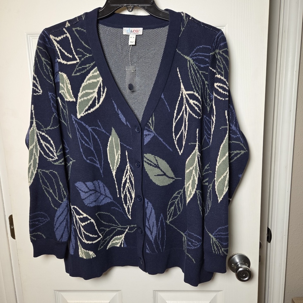 d &‎ co. sz XL blue floral metallic leaf cardigan sweater NWOT casual fall artsy